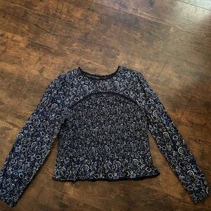 LOFT Navy Blue Floral Smocked Long Sleeve Blouse